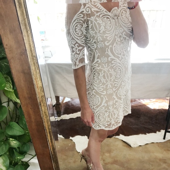 White Embroidered Long-Sleeve Bridal Dress - Picture 3 of 8